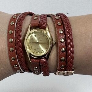 Decree women's brown braided wrap watch gold tone boxed